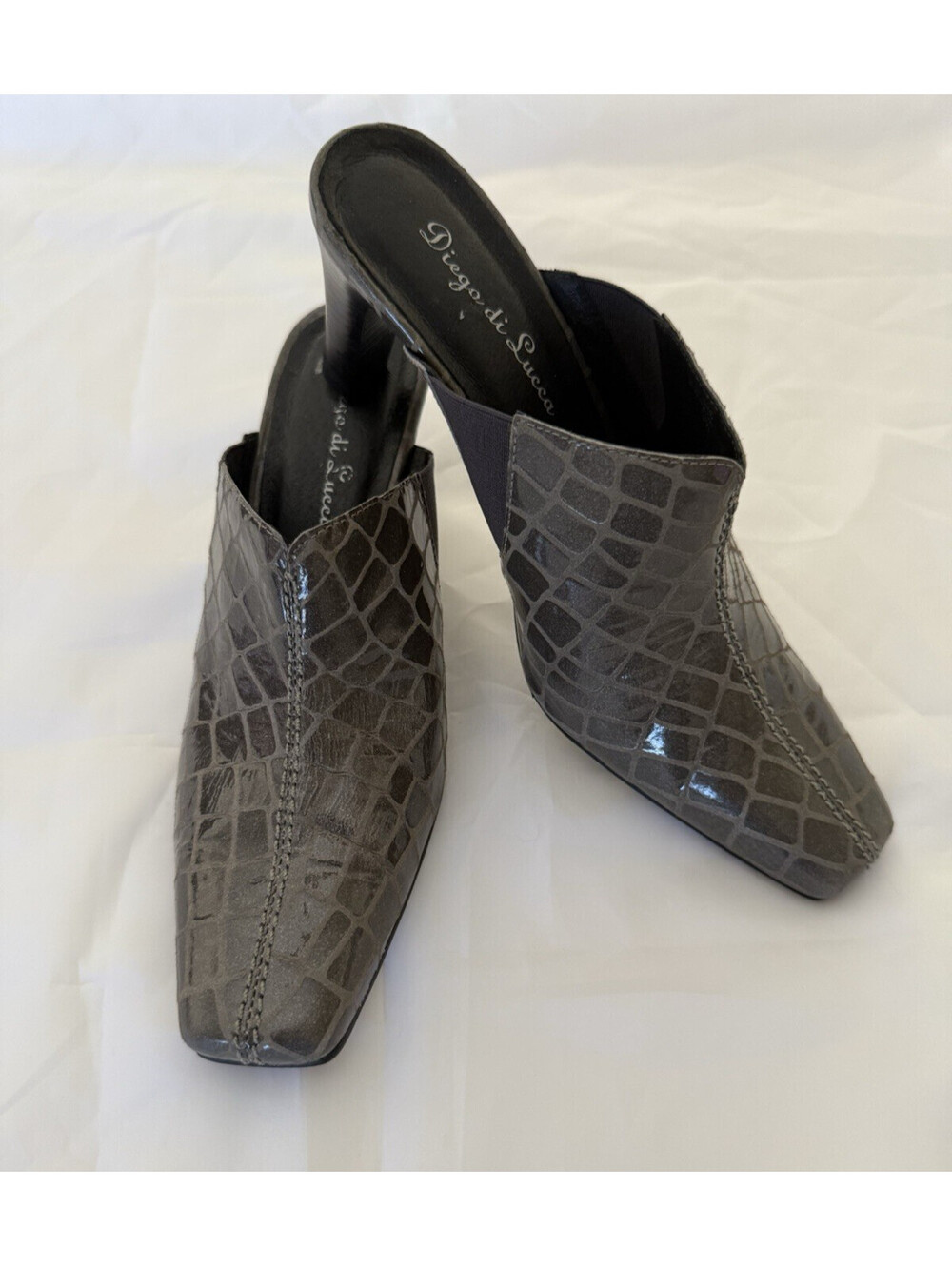 Diego di Lucca Monica Vibo Square Toe Mules Heels Size 8 1/2 Grey Croc Print
